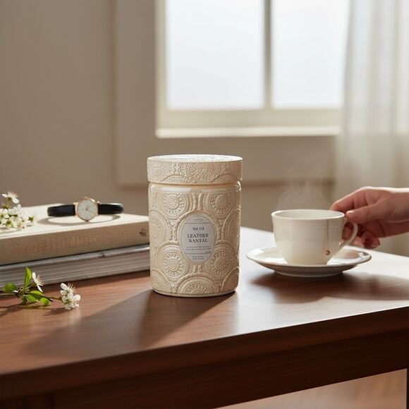 Leoben Leather Santal Candle White Opaque Cut Glass Jar 18oz 80 Hr TikTok Viral - Picture 1 of 2